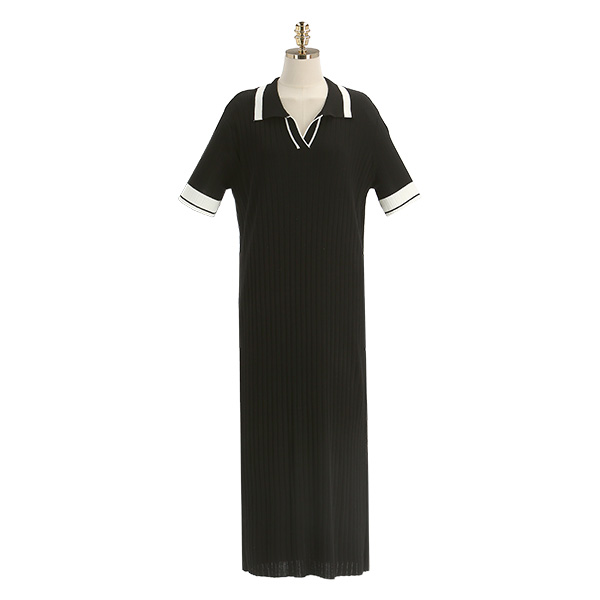 op11173 캐주얼한 무드의 반오픈 카라 골지 니트 배색 H라인 롱원피스 dress
