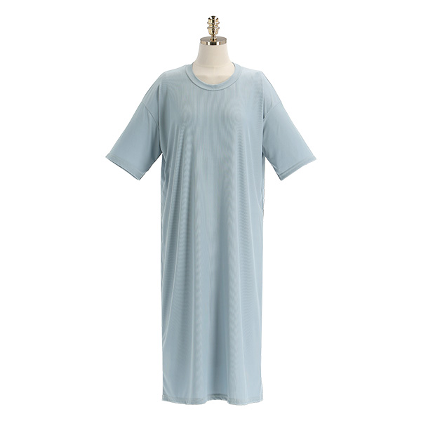 op11177 부드럽고 찰랑찰랑한 소재의 잔골지 라운드넥 반팔 A라인 롱원피스 dress