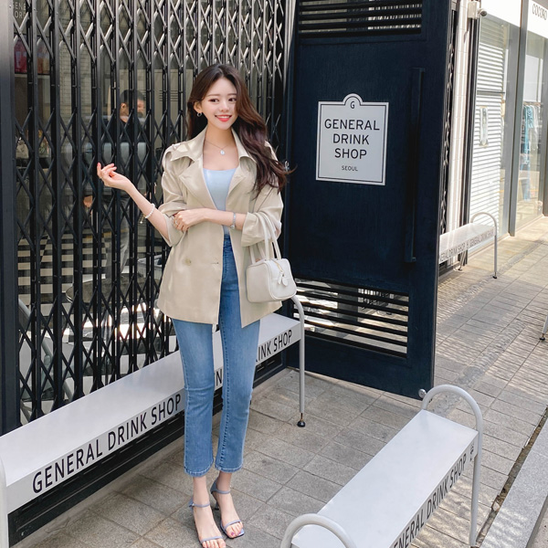 jk1556 시원하게 즐기기 좋은 홑겹패브릭의 더블버튼 스트랩세트 트렌치 하프 자켓 jacket