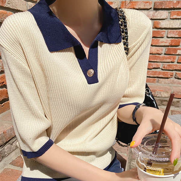 nt2690 배색라인으로 포인트 주기 좋은 오픈 카라넥 반팔 니트 knit