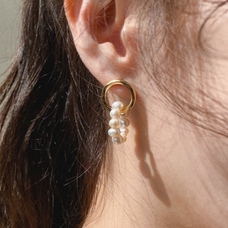 영롱한 담수 진주 장식의 더블링 드롭 이어링 earring 벚꽃룩