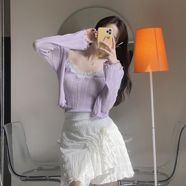 cd1787 키치한 무드의 골지패턴 크롭 레이스 끈나시와 물결 가디건 세트 cardigan set