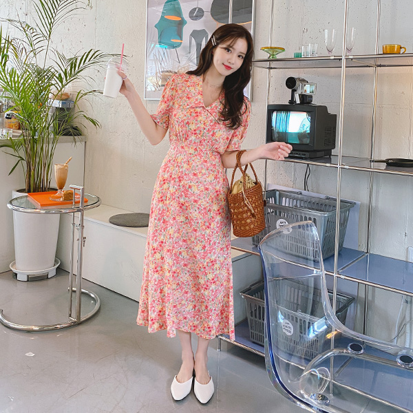 op11230 키치한 무드의 상큼한 플라워 패턴 포인트 빅카라 반팔 롱 플레어 원피스 dress