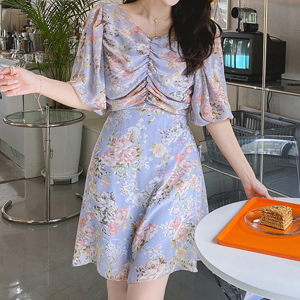 op11232 하늘하늘 여신무드 플라워 쉬폰 소재의 퍼프 반팔소매 앞셔링 A라인 미니 원피스 dress