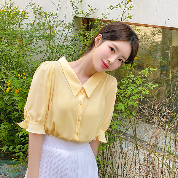 bs5927 사랑스러운 뒷모습을 연출해 줄 시스루 쉬폰 소재 백 리본 5부 소매 카라 블라우스 blouse