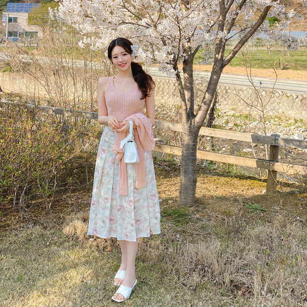 sk4749 아름다운 수채화 플라워 패턴의 플리츠주름 뒷밴딩 A라인 롱 스커트 skirt