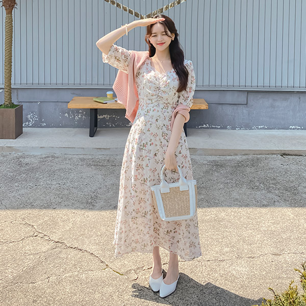 op11278 로맨틱한 플라워 패턴과 하트넥 디자인의 셔링 뒷리본 A라인 롱 원피스 dress