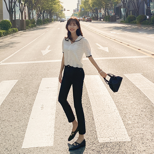 cd1797 여리한 스카시 짜임의 물결 배색 포인트 반팔 니트 가디건 cardigan