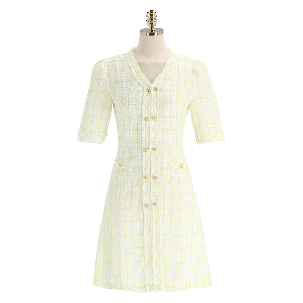 op11321 페미닌한 샤인 트위드 패브릭의 금장버튼 A라인 반팔 미니 원피스 dress