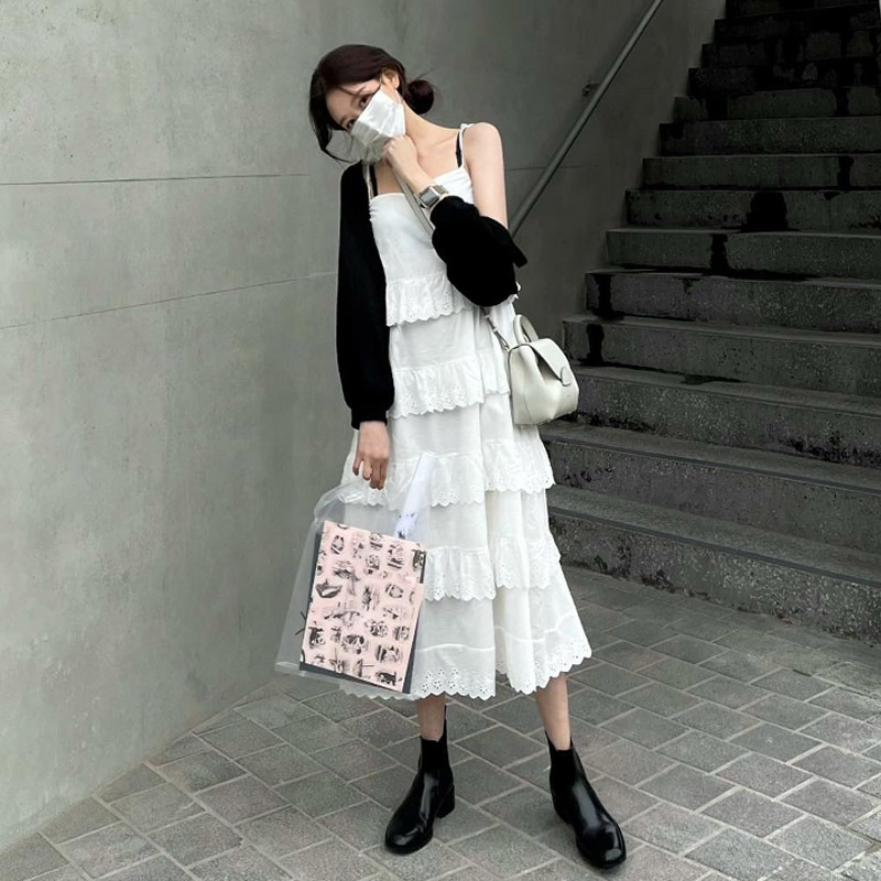 op11330 시원함 가득한 레이스 펀칭 자수 포인트 캉캉 리본 서스펜더 롱원피스 dress
