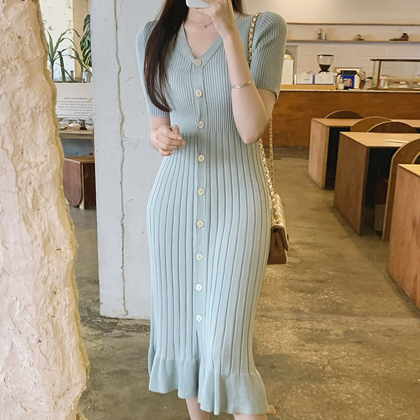 op11338 글램한 바디 라인을 연출해드리는 슬림 머에이드핏 반팔 니트 롱 원피스 dress