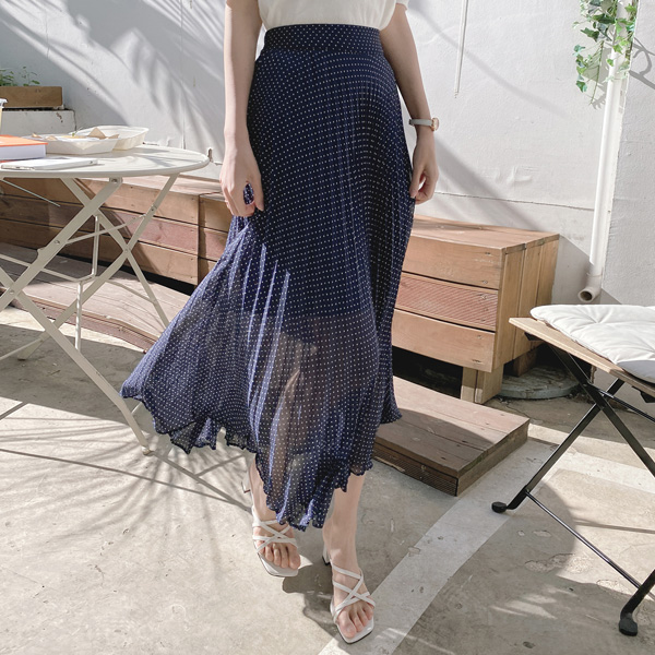 sk4774 페미닌한 무드로 입어지는 도트패턴 플리츠주름 롱스커트 skirt