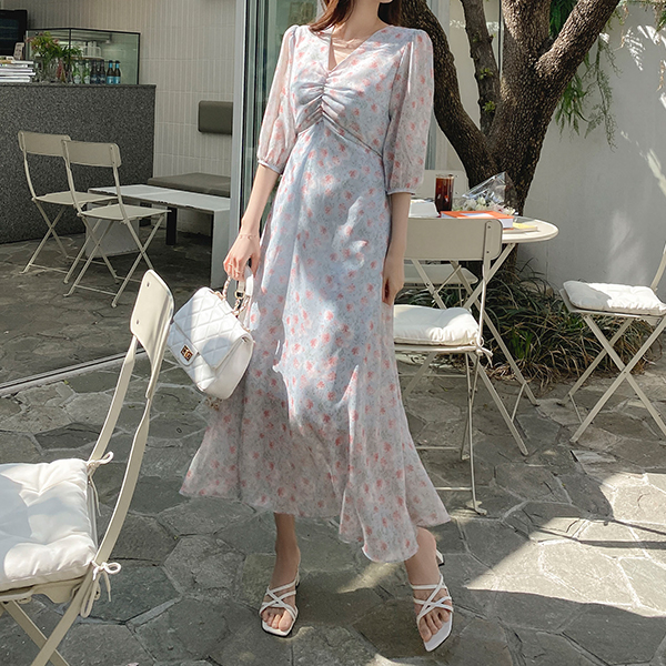 op11353 청순하고 여리한 무드의 플라워 프린팅 바스트 셔링 원피스 dress