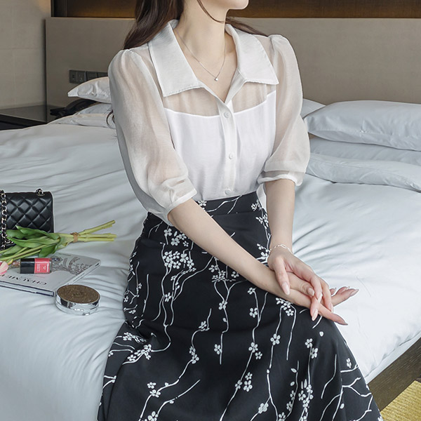 bs5969 W. 허쉬 시스루 샤인 반팔 블라우스