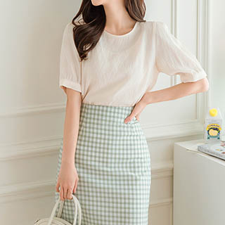 bs5971 플레인한 디자인의 백리본 포인트 퍼프소매 라운드넥 반팔 블라우스 blouse