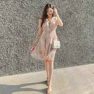 수채화같은 로즈 플라워 패턴의 랩디자인 뒷리본 플레어 요루쉬폰 미니 원피스 dress