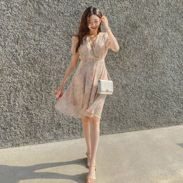 수채화같은 로즈 플라워 패턴의 랩디자인 뒷리본 플레어 요루쉬폰 미니 원피스 dress