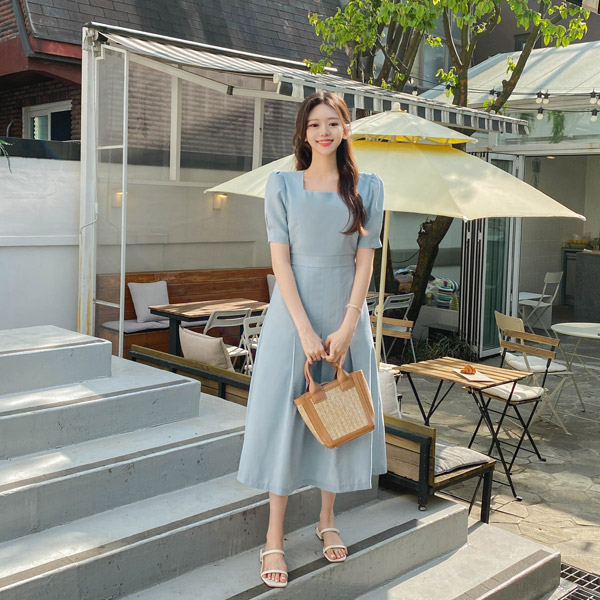 op11373 달콤한 파스텔 컬러구성의 플리츠 디자인 뒷리본 스퀘어넥 A라인 롱 원피스 dress