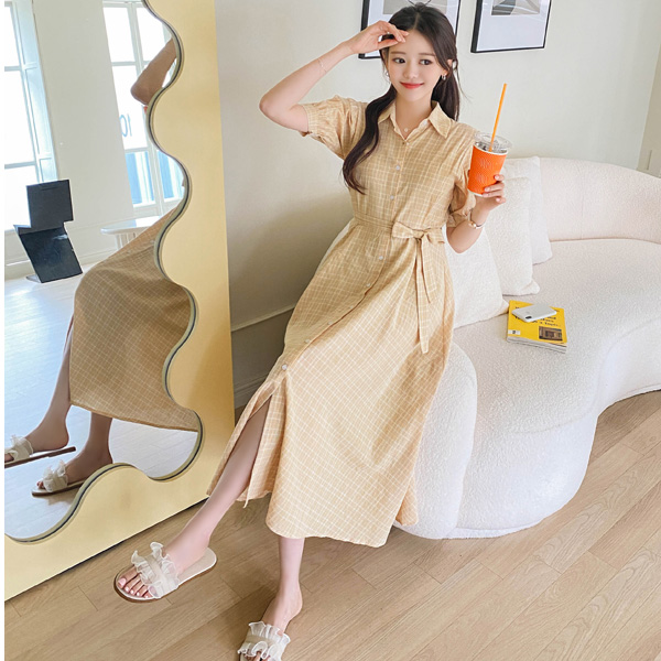 op11374 산뜻한 체크패턴의 벨트세트 벌룬 반팔소매 플레어 롱 셔츠 원피스 dress