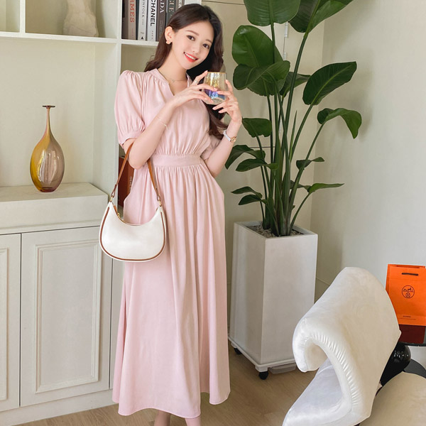 op11377 여성스러운 셔링으로 포인트를 준 반팔기장 브이넥 포켓 플레어 롱 원피스 dress