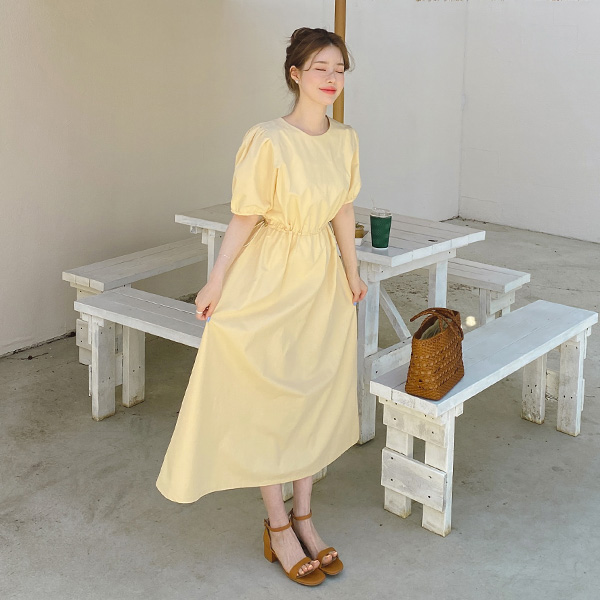op11382 이지하게 착용 가능한 허리스트링 디자인의 반팔 라운드넥 A라인 코튼 롱 원피스 dress