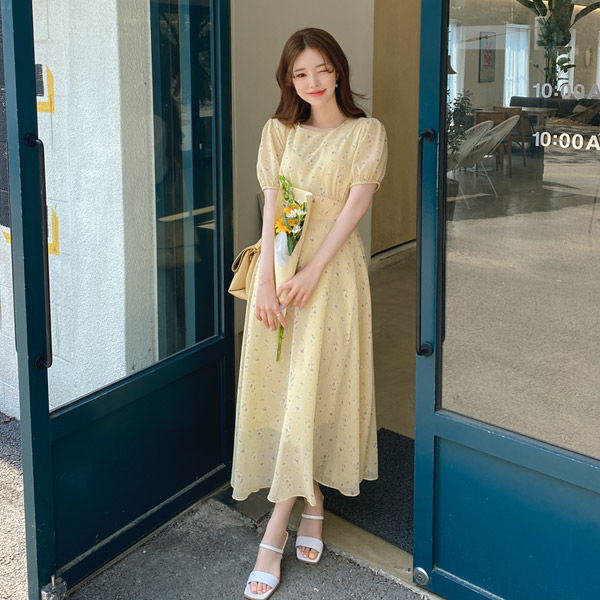op11383 쉬폰 소재로 완성된 소녀 감성의 플라워 패턴 백 리본 스트랩 A라인 롱 반팔 원피스 dress