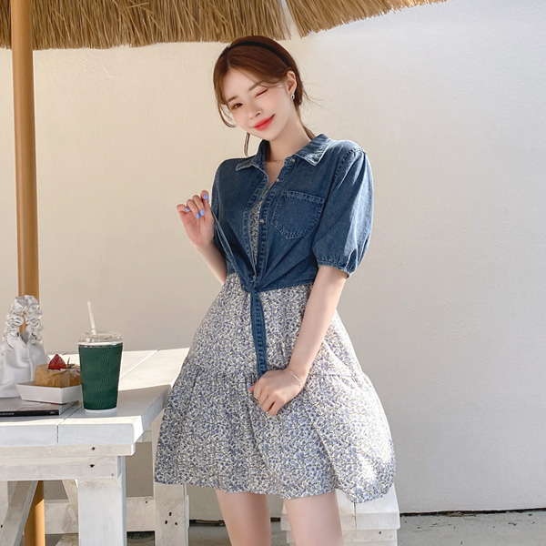 op11385 발랄한 무드의 스트랩 포인트 크롭 데님 반팔 셔츠와 끈 조절 가능한 플라워 패턴 A라인 나시 미니 원피스 세트 dress set