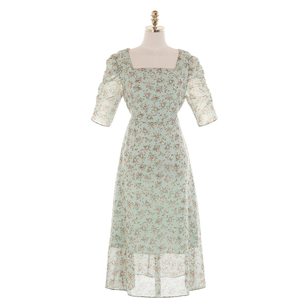 op11397 청순한 플라워 패턴으로 완성된 셔링 반팔 스퀘어넥 플레어라인 롱 원피스 dress