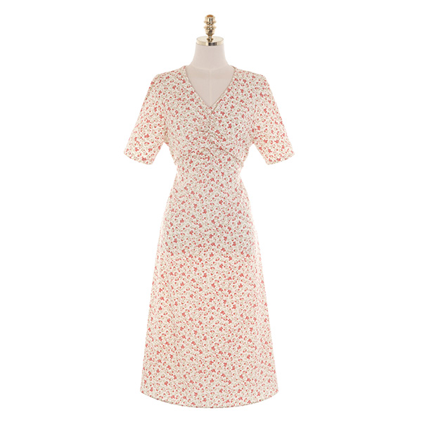 op11399 화사하고 발랄한 무드의 플라워 셔링 리본 A라인 반팔 롱원피스 dress