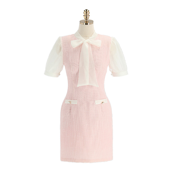 op11405 러블리한 컬러감으로 완성된 트위드 시스루 리본 H라인 미니 원피스 dress