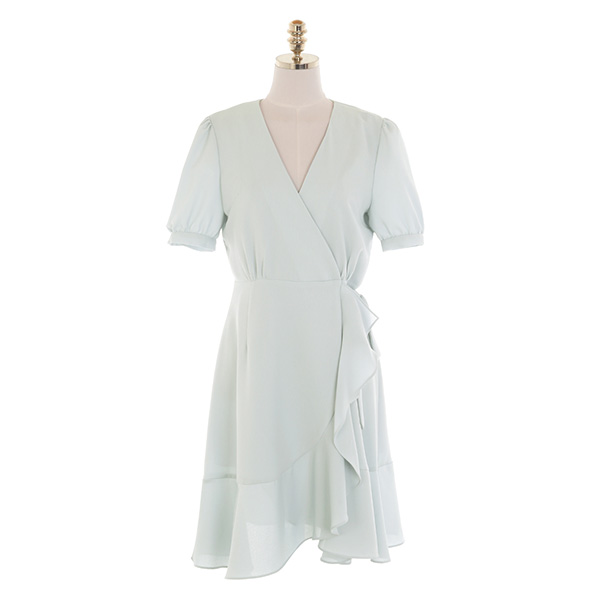 op11406 하늘하늘 청순한 분위기의 브이넥 언발 프릴 랩 리본 미니 원피스 dress