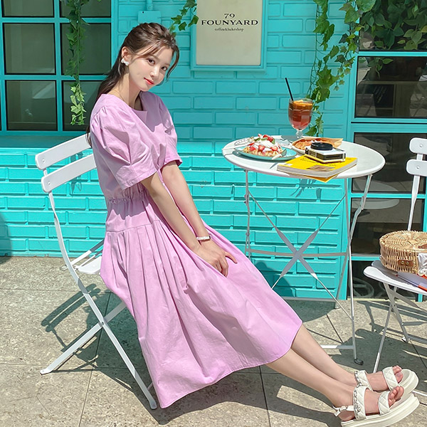 op11427 로맨틱한 퍼프 반팔 소매의 스트링 장식 플리츠 롱 원피스 dress