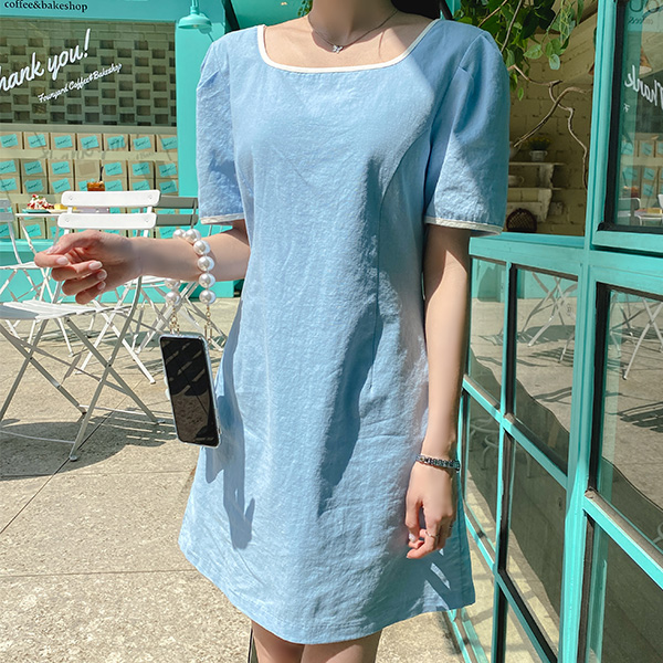 op11428 시원한 린넨 혼방으로 제작된 배색 라이닝 A라인 반팔 미디 원피스 dress