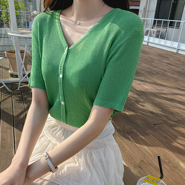cd1830 감각적인 5컬러로 시선을 사로잡는 브이넥 반팔 골지 니트 가디건 cardigan