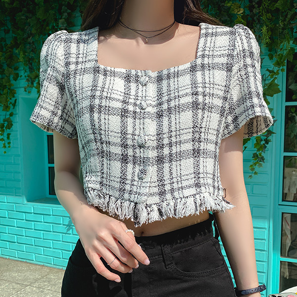 하이 퀄리티 체크 트위드로 제작된 퍼프 반팔 스퀘어넥 크롭 여름 블라우스 blouse