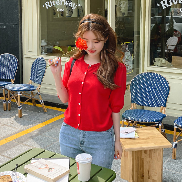 cd1837 산뜻한 니트 소재감으로 여름에 착용하기 좋은 라운드넥 퍼프 반팔 컬러 가디건 cardigan