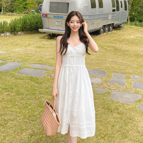 op11481 여리여리한 레이스 배색 디테일의 스트랩조절 뷔스티에 A라인 롱 원피스 dress