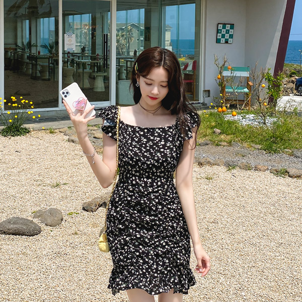 op11488 사랑스러운 플라워 패턴과 프릴 디자인으로 완성된 슬림핏 오프숄더 미니원피스 dress