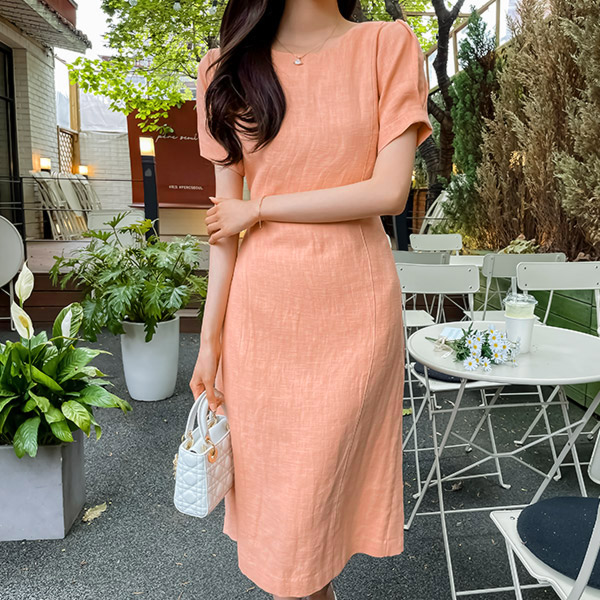 op11491 리브 라운드넥 퍼프소매 린넨 A라인 롱원피스
