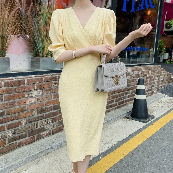 op11493 튜아 브이넥 퍼프소매 H라인 롱원피스