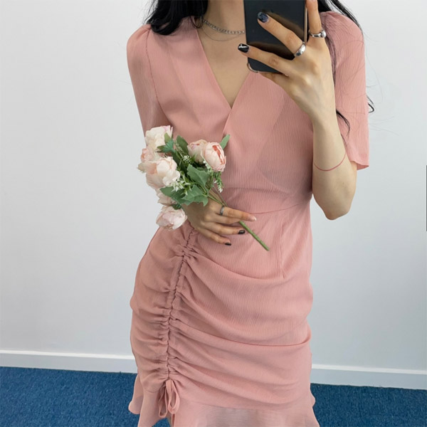 op11559 사랑스러운 요루 쉬폰으로 제작된 랩디자인 언발셔링 A라인 러플 미니 원피스 dress
