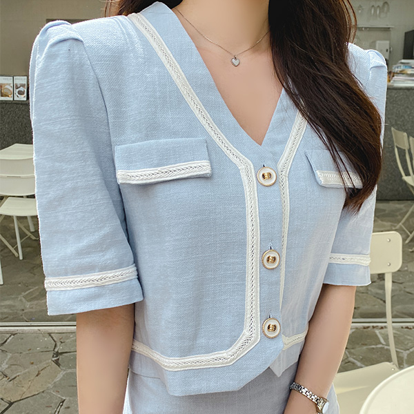 jk1587 가볍고 시원한 린넨혼방 소재의 자수테이핑 배색포인트 세미크롭 반팔자켓 jacket