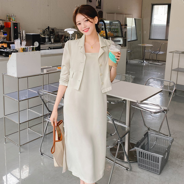 st1026 웨어러블한 H라인 뷔스티에 롱 원피스와 크롭 자켓 구성의 투피스 세트 dress set
