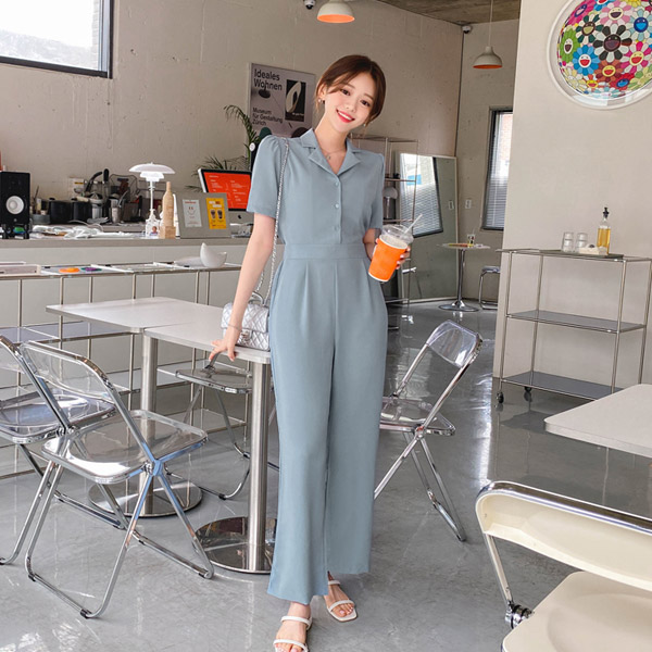 op11603 세련된 실루엣이 매력적인 부츠컷 라인의 허리밴딩 카라넥 올인원 점프수트 jumpsuit