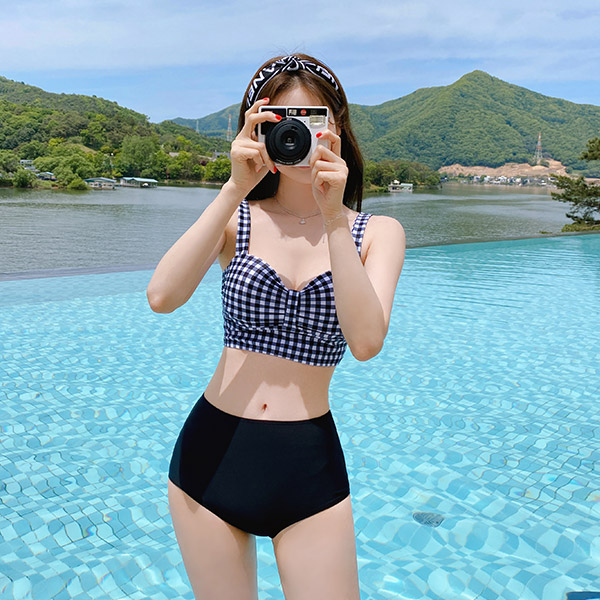 bk107 발랄한 무드의 체크 패턴 와이어 탑 반하이웨스트 비키니 세트 bikini