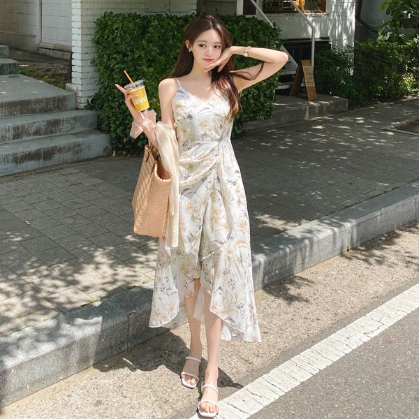 op11662 서정적인 릴리 플라워 패턴의 사이드러플 언발 A라인 롱 슬리브리스 원피스 dress