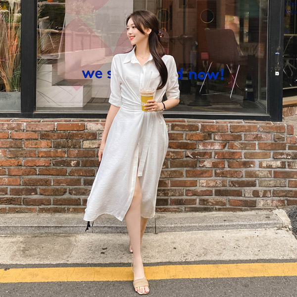 op11667 고급스러운 사이드 D링벨트 디자인의 플레어라인 반팔 셔츠 롱 원피스 dress