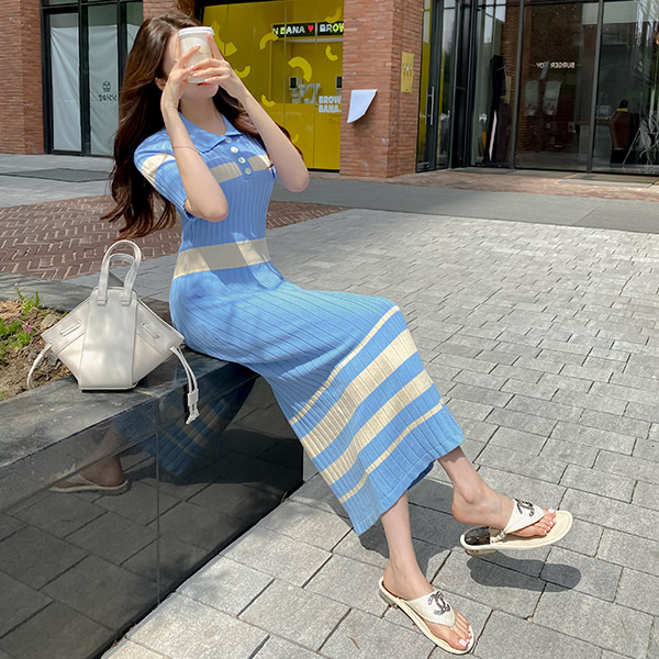 op11695 글램한 바디라인을 연출해줄 골지 패브릭 배색 니트 카라 반팔소매 롱 원피스 dress