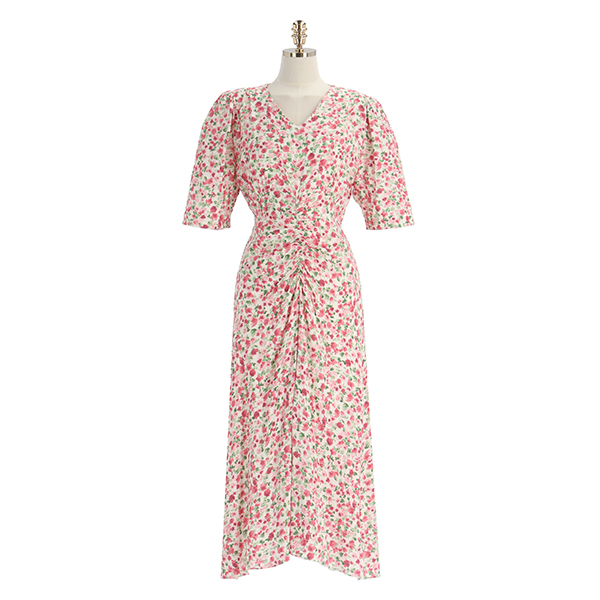 op11724 화사하고 로맨틱한 로즈 패턴의 셔링 리본 A라인 롱원피스 dress
