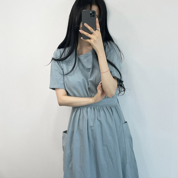 op11725 편안하면서도 사랑스러운 매력의 롤업 포켓 백밴딩 A라인 롱원피스 dress